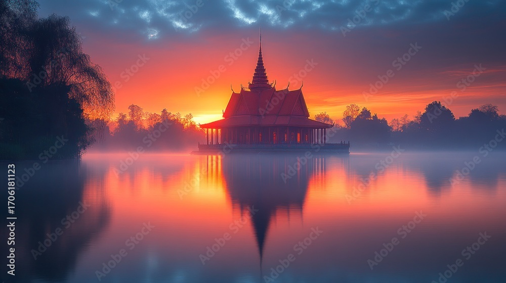Obraz premium Serene Sunrise over a Water Pavilion