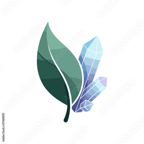 A vibrant green leaf intertwined with blue crystalline structures, symbolizing nature and purity