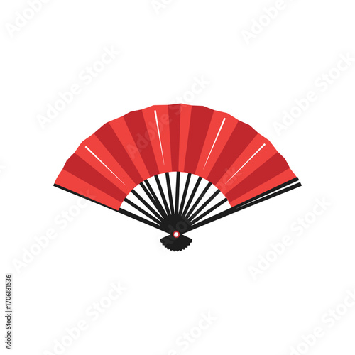 A vibrant red folding fan with a black handle, set against a clean white background, ideal for cultural events