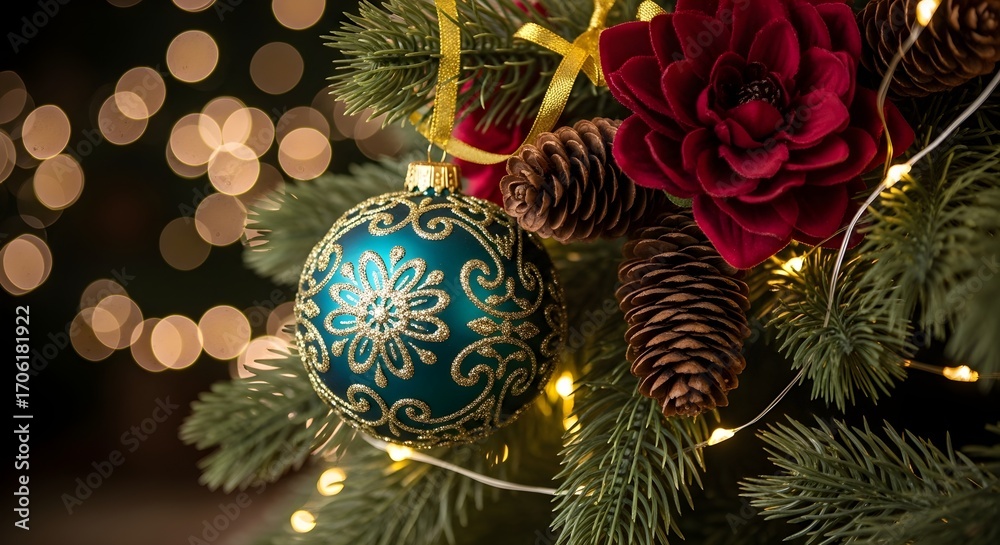 Fototapeta premium Festive Christmas Tree Ornament A Blend of Holiday Cheer, Nature's Touch, and Warm Lights