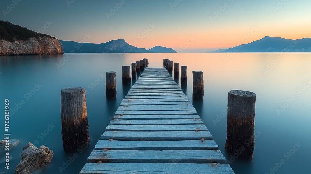 Obraz premium Serene wooden dock at tranquil sunrise