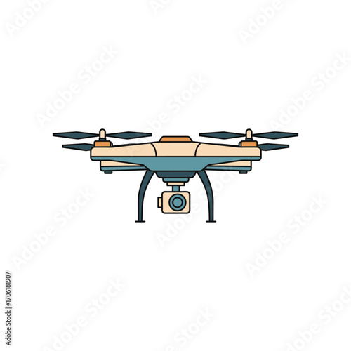 Aerial drone equipped with a camera hovering over a scenic landscape during sunset