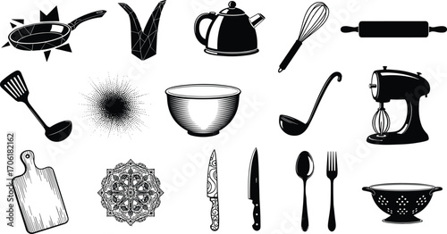 Kitchen utensils and cookware set, frying pan, teapot, whisk, rolling pin, ladle, cutting board, mixer, colander, knives, spoon, fork