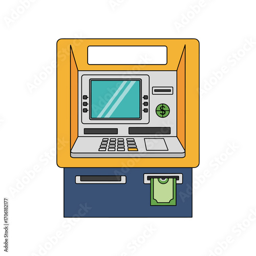 Brightly colored ATM machine with a cash dispenser, set against a simple white background
