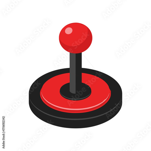 Classic red joystick on a black base, symbolizing retro gaming and nostalgia, isolated