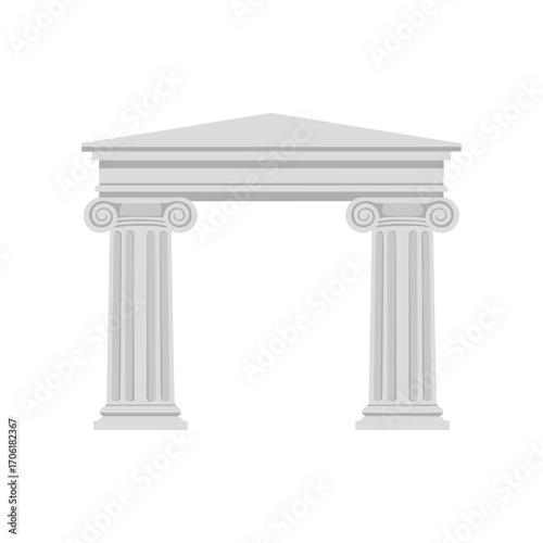 Classical architectural structure featuring ornate columns under a flat roof, set against a blank background