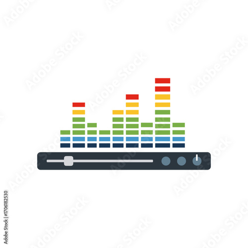 Colorful audio equalizer display with sound levels, sliders, and buttons on a clean background