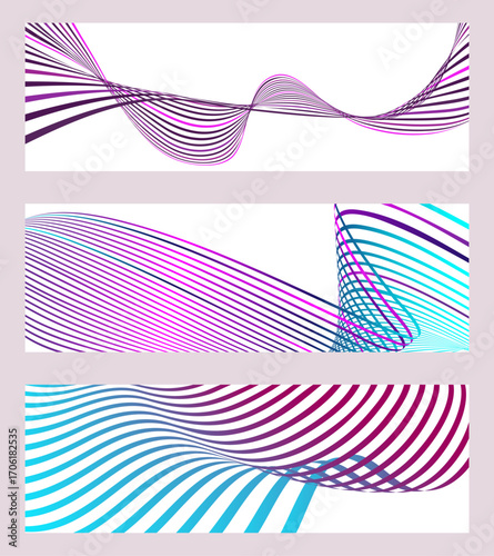 Wavy lines or ribbons. Set of 3 backgrounds. Multicolored striped gradient. Creative unusual background with abstract wavy lines. Vector 