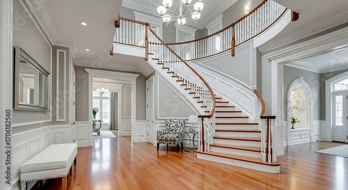 Grand elegant architectural foyer featuring a sweeping spiral staircase