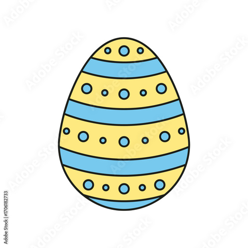 Colorful decorated egg with blue and yellow stripes and dots, symbolizing Easter celebrations