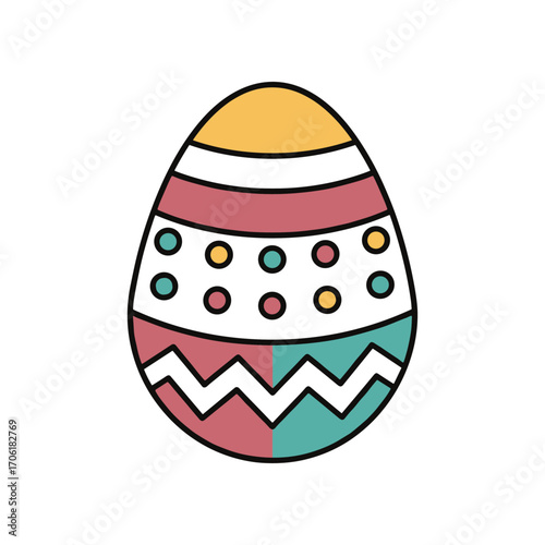 Colorful decorated Easter egg with geometric patterns and dots against a plain background