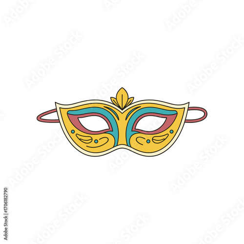 Colorful decorative mask with intricate designs, set against a minimalist white background