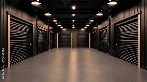 Modern Minimalist Storage Facility Interior Sleek Black Metal Doors and Concrete Floor