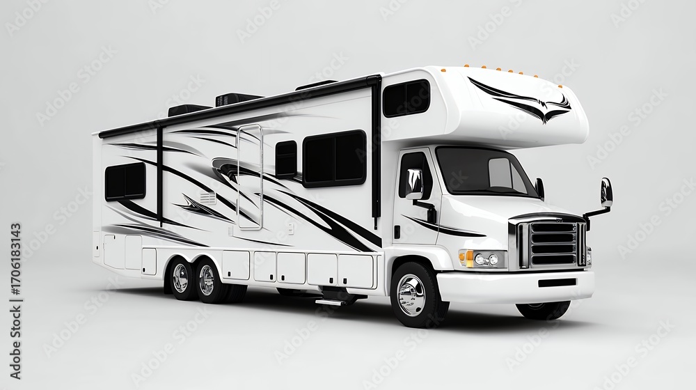 Naklejka premium Modern White Rv With Black Stripes Under Bright Lighting and Neutral Background
