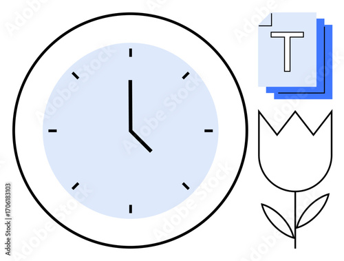 Clock indicating time alongside a simple tulip line drawing and stacked text blocks. Ideal for time management, simplicity, minimalism, creativity, focus, scheduling, and a simple landing page
