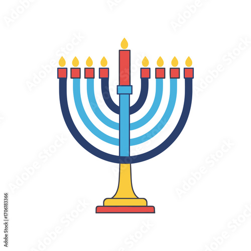 Colorful Menorah with Candles Lit for Celebration, Set Against a Simple White Background