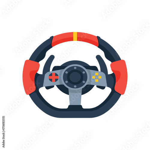 Colorful racing steering wheel with buttons and grips, isolated on a white background