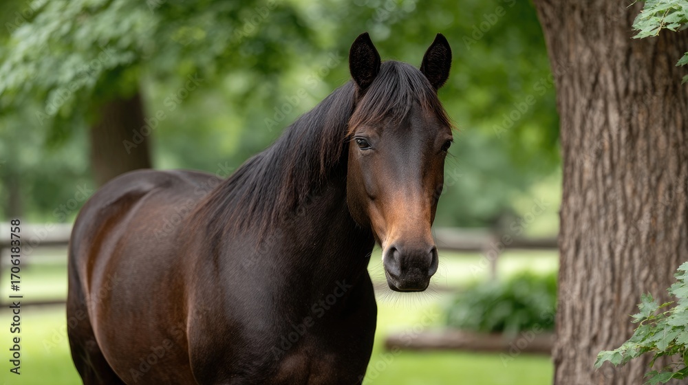 Fototapeta premium Close-up of a stunning brown horse with a flowing mane, adorned with a traditional headdress, glowing in the warm light of sunset