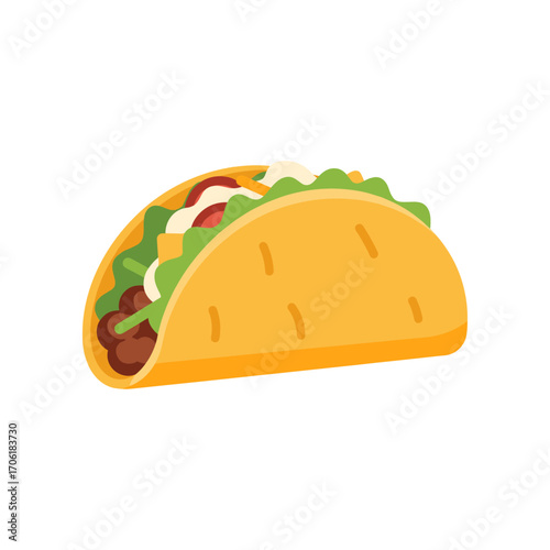 Colorful taco filled with beans, lettuce, and cheese on a white background, ideal for food blogs