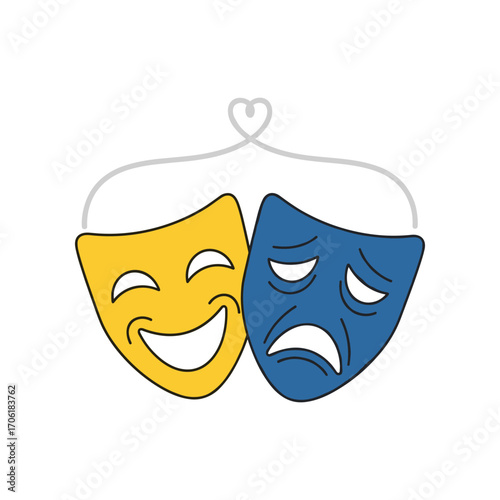 Colorful theatrical masks representing comedy and tragedy, symbolizing emotions and performance art