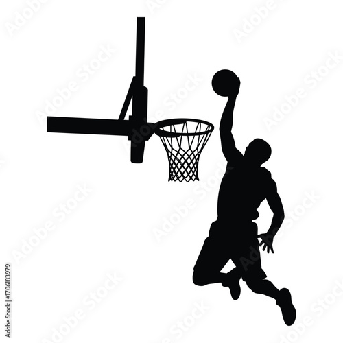 Silhouette of a basketball player dunking into a hoop dynamic sports action image silhouette