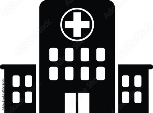 Black and white illustration of a hospital building with a cross symbol on top.
