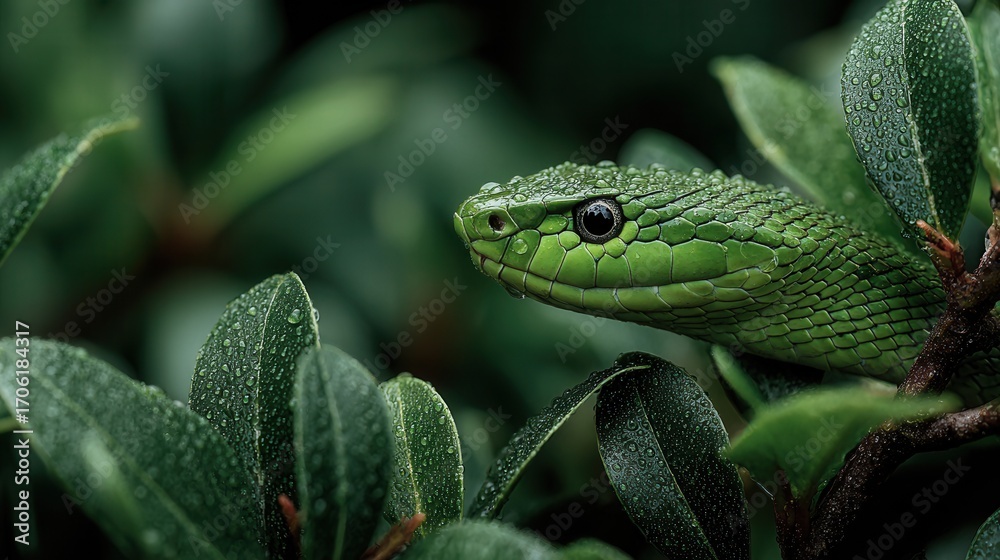 Fototapeta premium Green snake peeking out from bushes
