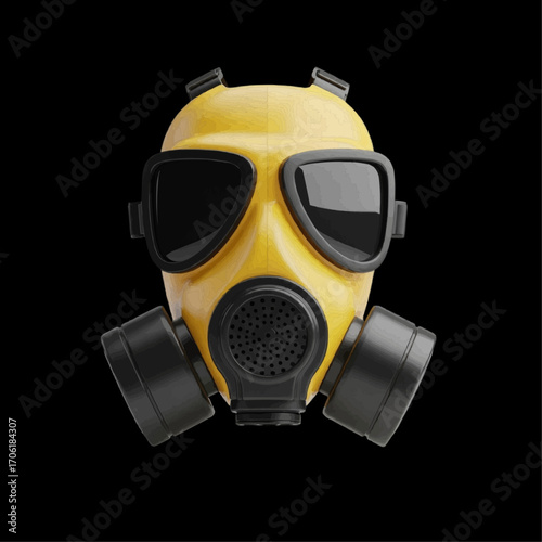Yellow gas mask with black lenses and filters on a black background, designed for protection against airborne hazards and chemical agents