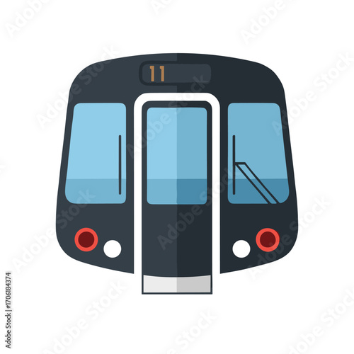 Front view of a modern subway train with a clear number display, set against a simple background