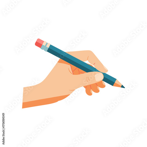 Hand holding a pencil poised for drawing, with a blank white background emphasizing creativity