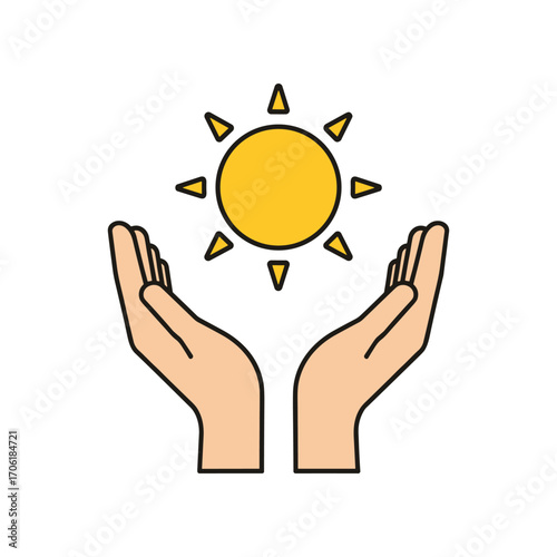 Hands holding a bright sun symbolizing warmth and positivity against a clean background