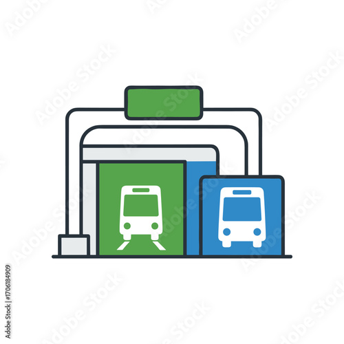 Illustration of a transit station featuring a train and bus entry, with a clear background