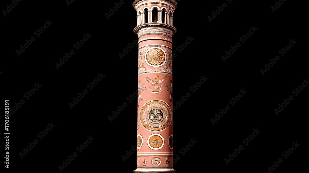 Naklejka premium Pink Ornate Tower with Intricate Floral Detailing Against Black Background
