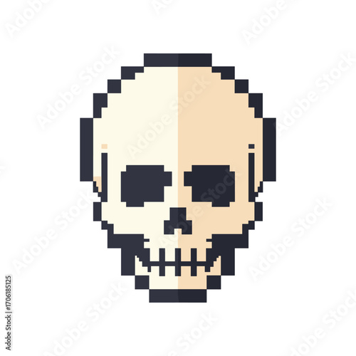Pixel art representation of a human skull with a light background, suitable for Halloween themes