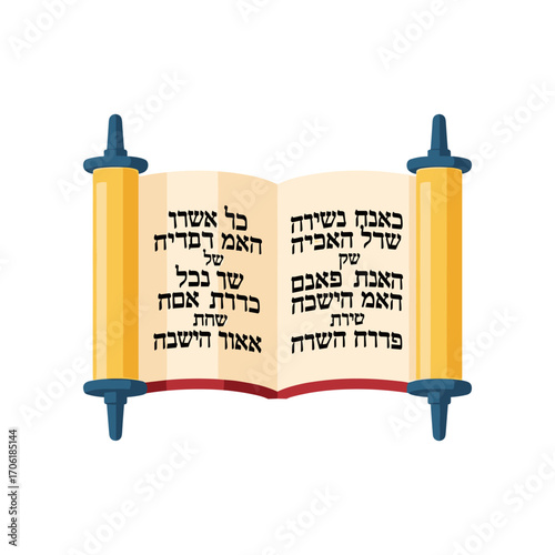 Open scroll with Hebrew text displaying religious content, set against a plain background, symbolizing tradition