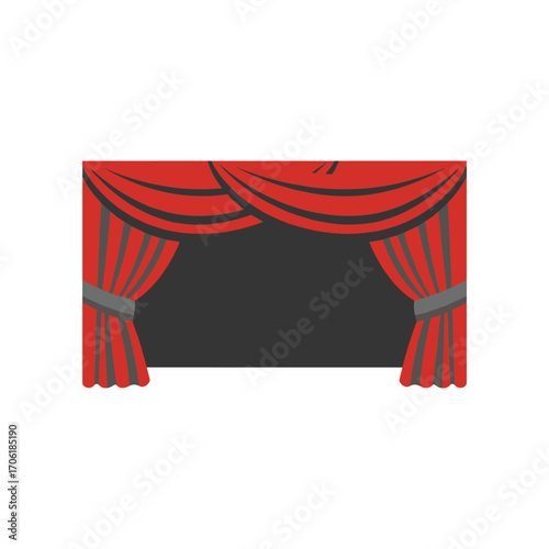 Red theater curtains drawn open, revealing a dark stage ready for performance, with soft lighting