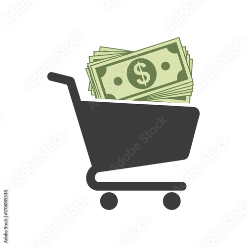 Shopping cart filled with cash representing consumer spending and financial transactions