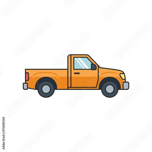Side view of a vibrant orange pickup truck parked on a clean background, ideal for automotive use