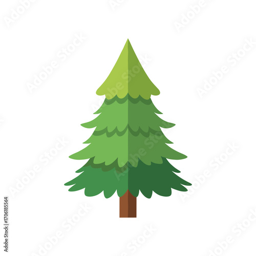 Stylized evergreen tree illustration with vibrant green foliage and a brown trunk on a white background