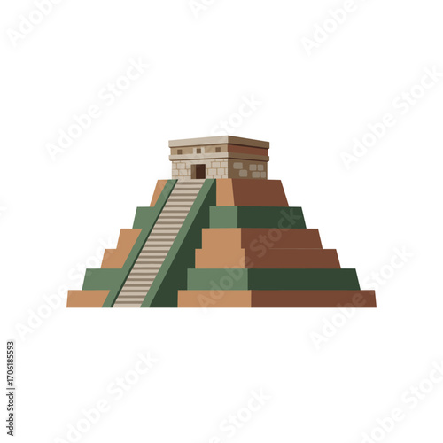 Stylized illustration of a pyramid with steps leading to a temple, set against a plain background