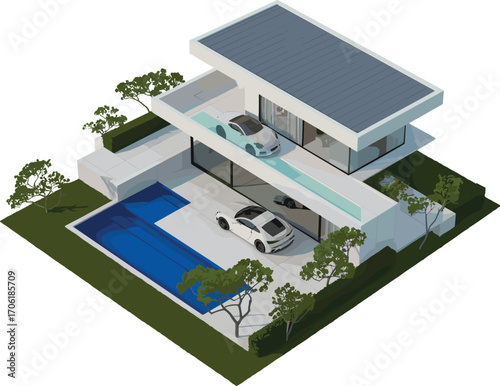 Futuristic modern house with rooftop car parking, infinity pool, luxury design, minimalist architecture, 3D rendering, dream home concept.