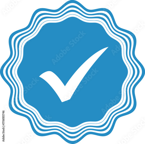 Check Mark Icon in Blue Decorative Starburst Shape with White Tick Design