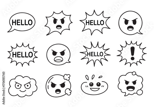 Hand-drawn comic speech bubbles and angry emoticons for expressive design elements