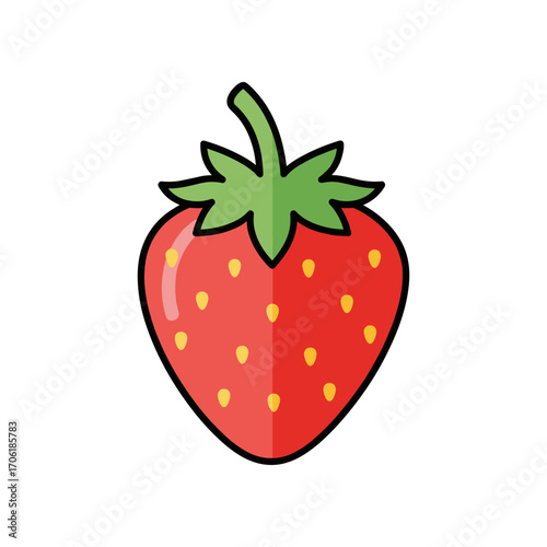 Vibrant illustration of a ripe strawberry with green leaves, isolated on a white background