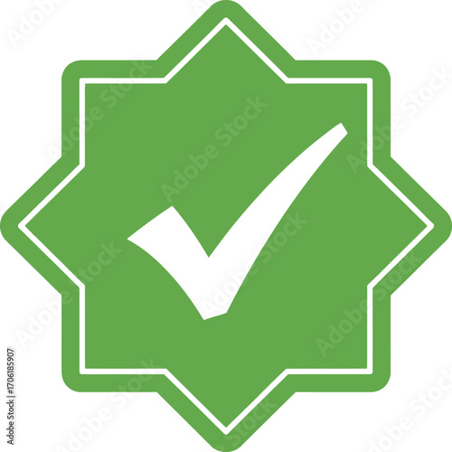 Check Mark in Octagon Shape with White Border on Green Background Sign Element