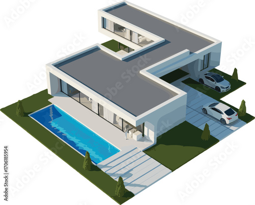 Futuristic modern house with rooftop car parking, infinity pool, luxury design, minimalist architecture, 3D rendering, dream home concept.