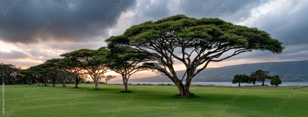 Fototapeta premium Giraffes roam gracefully near towering baobab trees against a stunning orange sky, with elephants visible in the distant landscape