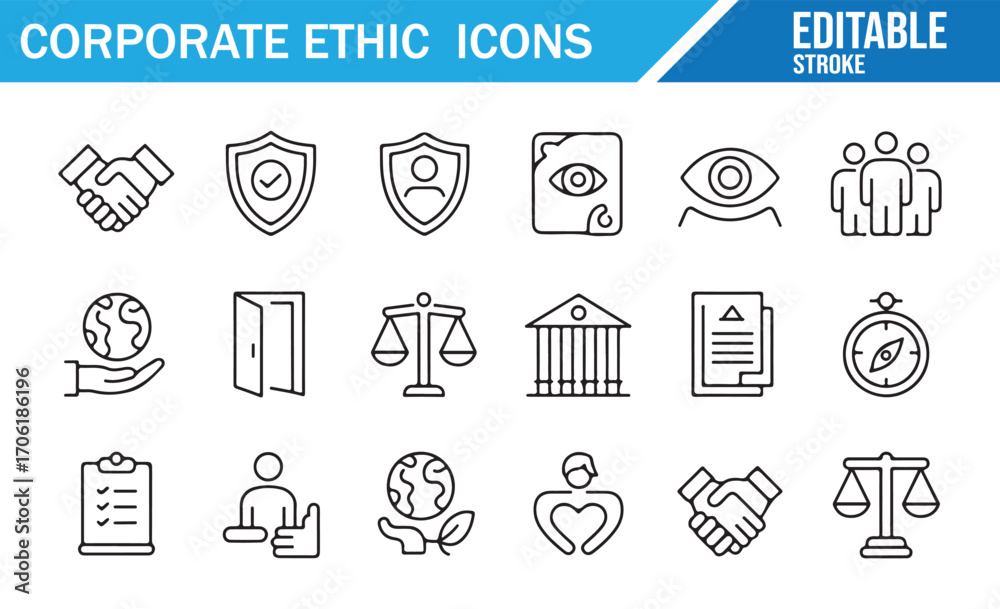 Fototapeta premium Leadership and integrity icons with law and fairness symbols vector illustration