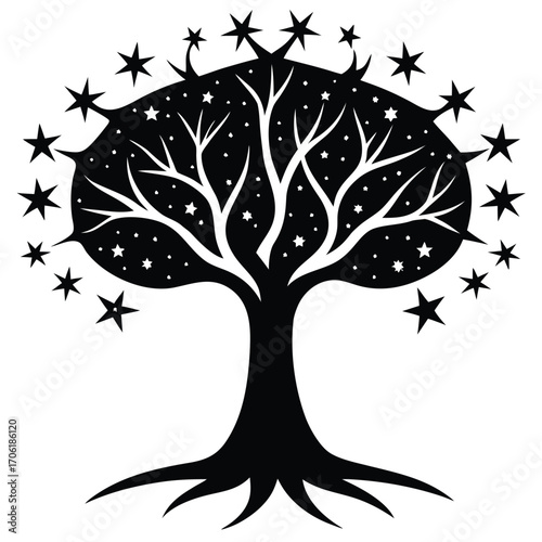 cosmic tree of life with stars isolated on white background