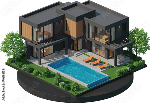 Modern black villa with wood accents, infinity pool, outdoor lounge, sunbeds, night lighting, 3D rendering, luxury home design.